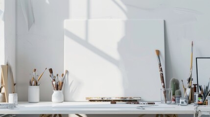 Poster - A sleek and modern art studio design featuring a pristine white canvas backdrop, Minimalist art supplies meticulously arranged, Contemporary minimalist style