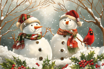 Christmas card, watercolor illustration of two happy snowmen in a hat, scarf on a background of forest, snow