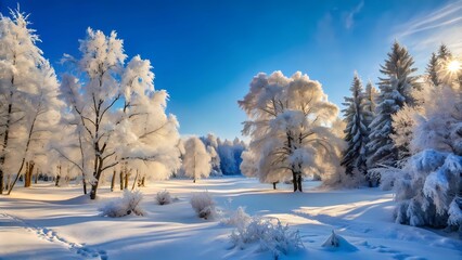 A Serene Winter Landscape, Featuring Snow-Covered Trees and a Soft Blanket of Snow on the Ground, Creates a Tranquil Scene