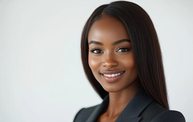 A smiling african woman in a dark business attire, exuding confidence against a white backdrop.