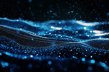 Poster - Image of horizontal lines of blue particles and undulating 3d landscape on black background.