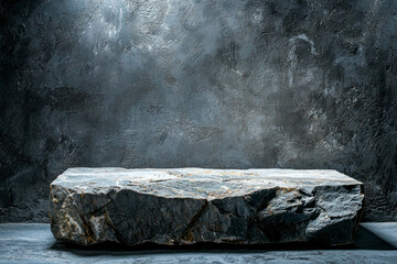 Poster - Stone, Rock Podium isolated on Dark cement Wall Studio light Backgrounds well stage stand Display products presentation.