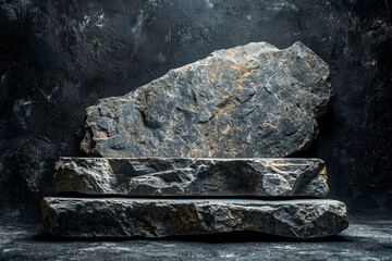 Poster - Stone, Rock Podium isolated on Dark cement Wall Studio light Backgrounds well stage stand Display products presentation.