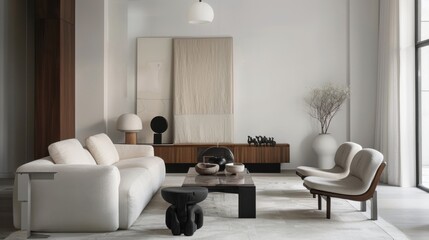 Aufkleber - A sleek and sophisticated living room design with a white canvas backdrop, Strategically placed minimal furniture, Minimalist Urban Industrial style