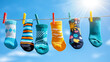 © Quality One   - Brightly colored fun socks hanging on clothesline against clear blue sky, showcasing variety of patterns and designs. sunlight adds cheerful touch to this vibrant scene