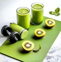 Poster - Refresh your energy with this green smoothie scene. Healthy drinks sit alongside fresh kiwi and a dumbbell. Ideal for fitness and nutrition lovers. Enjoy a vibrant lifestyle. AI