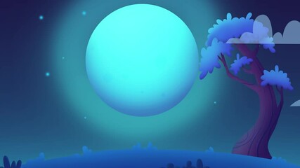 Poster - Landscape moon with clouds and tree. Minimal modern seamless motion design. Abstract loop animation