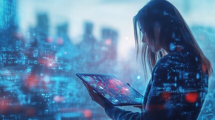 Poster - Woman Using Tablet with Digital City Background