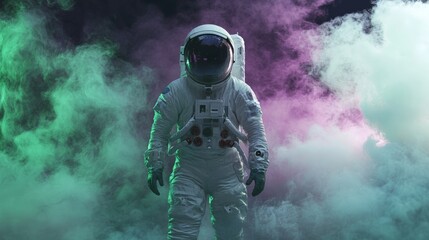 Wall Mural - astronaut exploring mysterious alien planet covered in colorful smoke