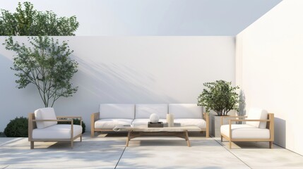 Aufkleber - A stylish and contemporary outdoor patio design boasting a pristine white canvas backdrop, Minimalist outdoor furniture arranged for comfort and style, Modern outdoor minimalist style