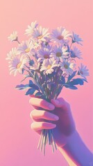 Poster - Hand holding bouquet of daisies on pink background