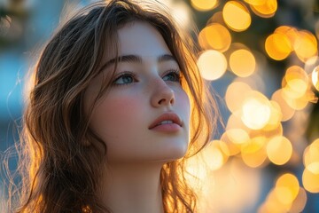 Wall Mural - Beautiful teen girl posing looking up with bokeh lights