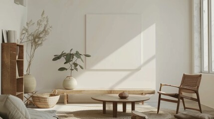 Aufkleber - A tranquil living room arrangement with a white canvas backdrop, Thoughtfully curated minimal furniture, Zen-inspired Minimalism style