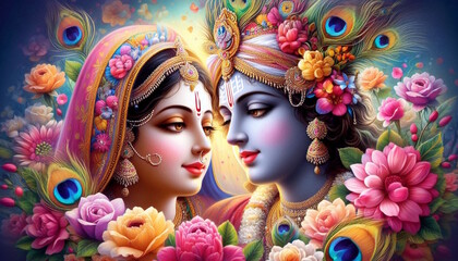 beautiful colorful portrait of god krishna with goddess radha with flower design