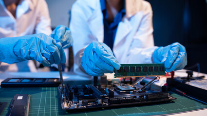 Close up of Technician measuring voltage electronic circuit board, Service after sale fix electric equipment.