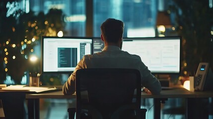 Canvas Print - Professional Working Late at a Computer Desk