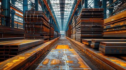 Stacked metal slabs in steel production facility. Rows of large metal slabs stacked in a steel production facility, representing industrial scale production and material storage.