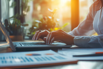 Aufkleber - woman is typing on a laptop in front of a potted plant. Concept of productivity and focus, as the woman is likely working on a project or task. The presence of the plant adds a touch of nature
