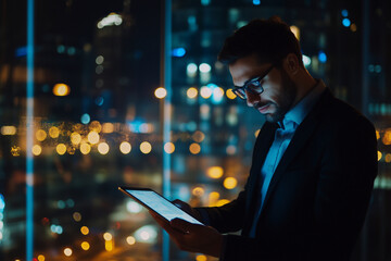 Poster - man in a suit is looking at a tablet. Concept of focus and concentration as the man reads or works on the tablet. The city lights in the background add a sense of urban energy