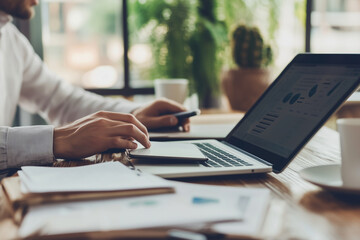 Aufkleber - man is working on a laptop at a desk with a potted plant and a cup. He is using a cell phone and a keyboard. Concept of productivity and focus as the man works on his tasks