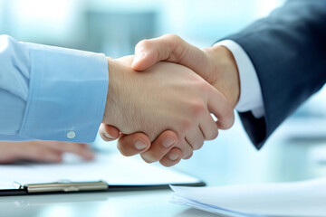 Poster - Two people shaking hands in a business setting. Concept of professionalism and trust between the two individuals