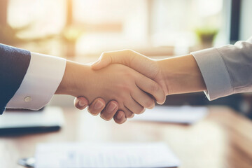 Poster - Two people shaking hands in a business setting. Concept of professionalism and trust between the two individuals