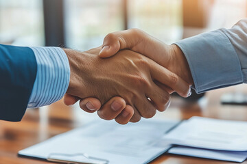 Poster - Two people shaking hands in a business setting. Concept of professionalism and trust between the two individuals