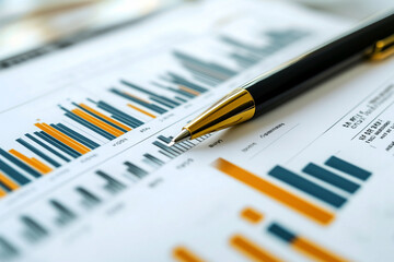 Aufkleber - pen is on top of a sheet of paper with many lines and numbers. The pen is black and gold