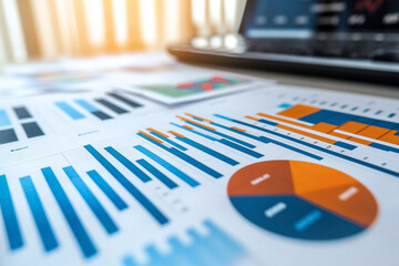 Aufkleber - table with a laptop and a bunch of graphs. The graphs are blue and orange and are spread out on the table