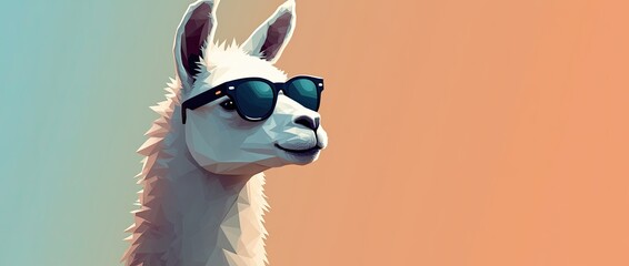 llama in color suit with sunglasses on a solid color background, vector art, digital art, faceted, minimal, abstract, geometric. 