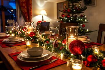 Wall Mural - Festive Christmas dinner table holiday scene.