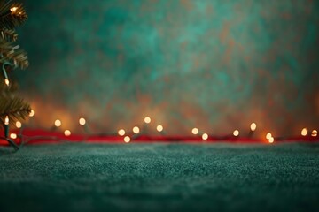 Pine branches and string lights creating a Christmas border on a green background, leaving blank space, perfect for holiday-themed designs.