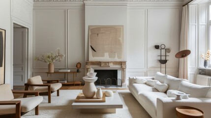 Aufkleber - A Victorian-inspired living room design adorned with a white canvas backdrop, Styled with minimalist furniture arrangements, Victorian minimalist style