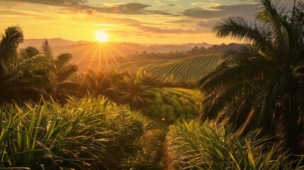 Wall Mural - sunset over a field of grass with palm trees in the foreground
