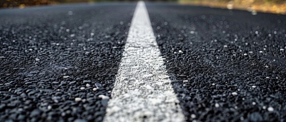 Close-up of a two-lane road with a central white line. Low angle shot highlights the line, sharp contrast with gravel and leaves. No traffic visible, road curves out of sight.