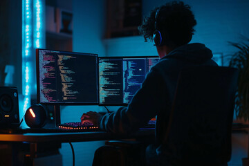 Poster - man is sitting in front of a computer monitor with a black shirt on. He is wearing headphones and he is working on a computer