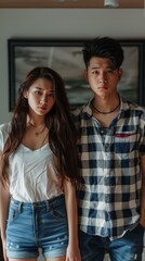 Young Asian couple in casual attire standing together indoors, exuding a calm and serene vibe with blank expressions.