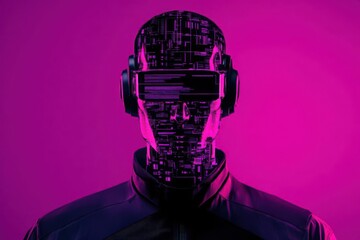 Man versus AI, highlighting the tension between organic and artificial thought close up, focus on, copy space, vibrant electric purple, Double exposure silhouette with robotics