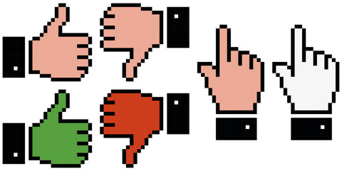 Leinwandbilder - Pixel hand with finger up, down, and pointing. Vector pixel set of like and dislike ratings.