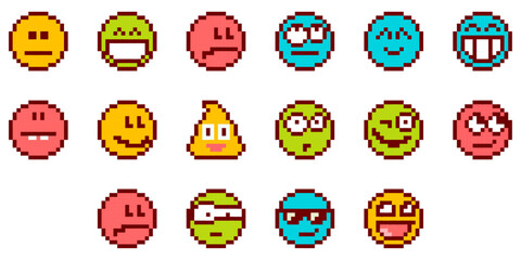 Poster - A set of emoticons with unusual faces. Emotions and mood states in color pixel pictures.