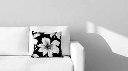 Poster - Black and white floral cushion resting on modern white sofa in sunlit room