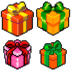 Aufkleber - Gift boxes. Vector volumetric pixel boxes with gifts. Boxes with a bow for a holiday gift.