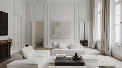 Aufkleber - An airy and elegant living room design showcasing a white canvas backdrop, Minimalist furniture arranged to maximize space, Minimalist neoclassical style