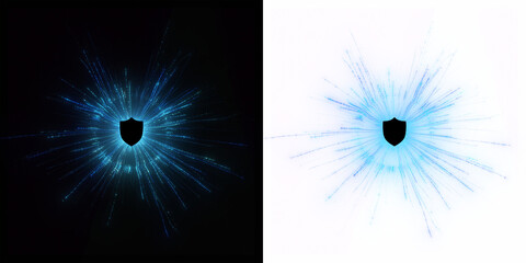 Poster - Cybernetically enhanced, energy-shielded barrier pulsating with charged particles. A torrent of data streams erupts from behind the shield, high-tech on black or alpha background.