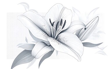 Poster - A detailed illustration of a white lily with leaves in a vintage, monochromatic style.