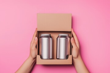 Minimalist Scene with Two Silver Beverage Cans in a Box on Pink Background