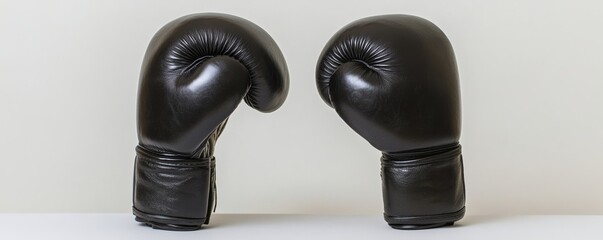 Two black boxing gloves standing on white surface