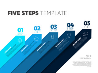 Poster - Five steps infographic process template with big diagonal arrows numbers icons and descriptions. Simple multipurpose infochart with five elements