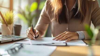 Canvas Print - Professional Woman Writing Notes at Desk