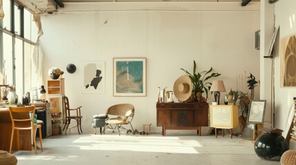 Poster - An eclectic minimalist space with a white canvas backdrop, Artfully arranged furniture in a Bohemian artist's loft, Eclectic minimalism style